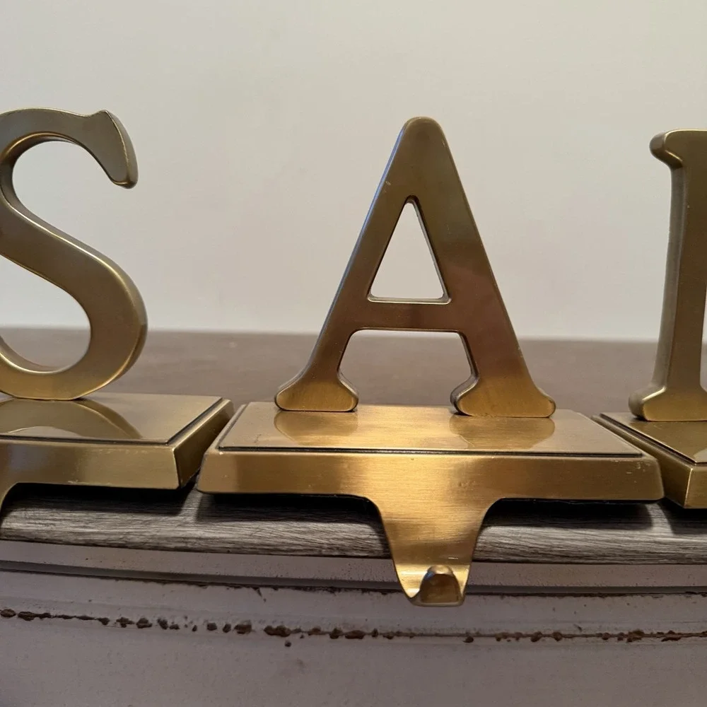 Vintage Gold Brass Letters SANTA Mantel Hook Stocking‎ Holder Hanger 5 pc Set